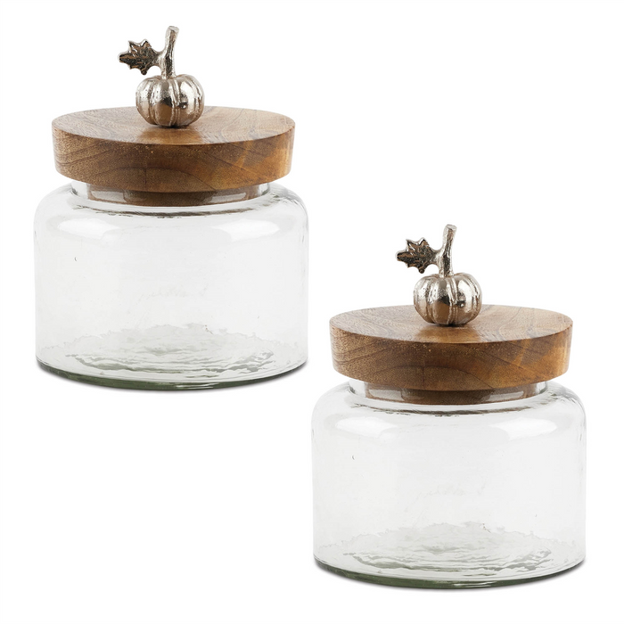 Glass Canister with Mango Wood Lid and Pumpkin Accent (Set of 2)