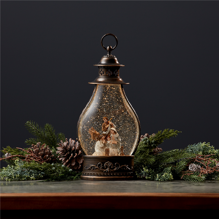 LED Snow Globe Lantern with Holy Family Nativity Scene 15.5"H