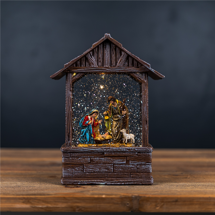 LED Snow Globe Nativity Barn 8.25"H