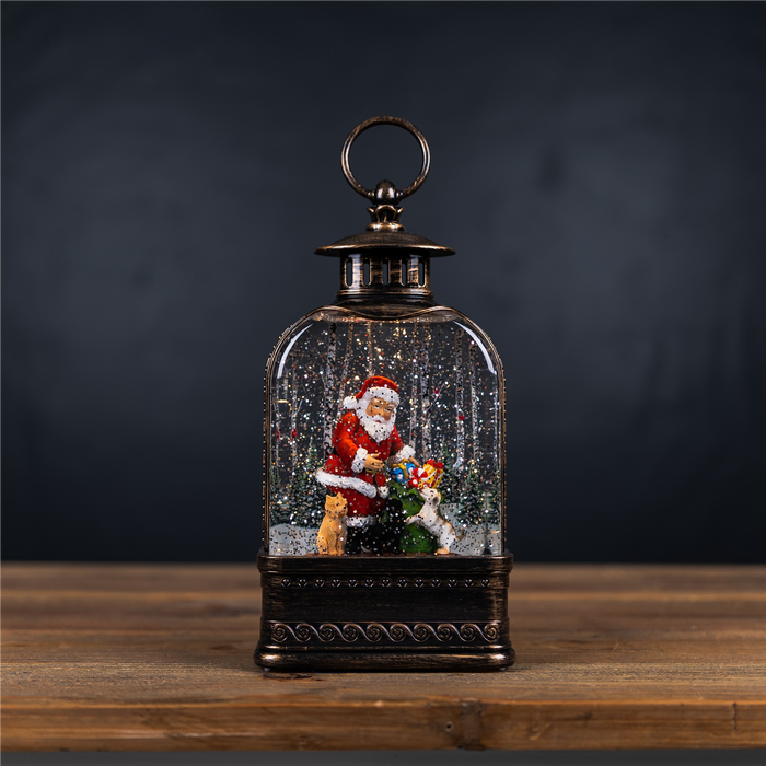 LED Snow Globe Lantern with Santa and Dog 11.25"H