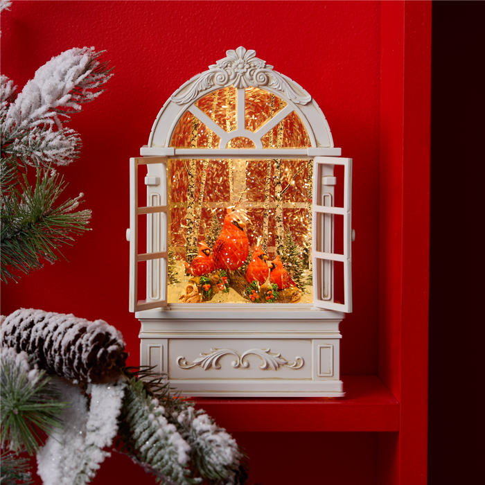 LED Snow Globe Window with Cardinal Family 9"H