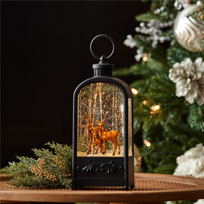 LED Snow Globe Lantern with Forest Deer 9.5"H