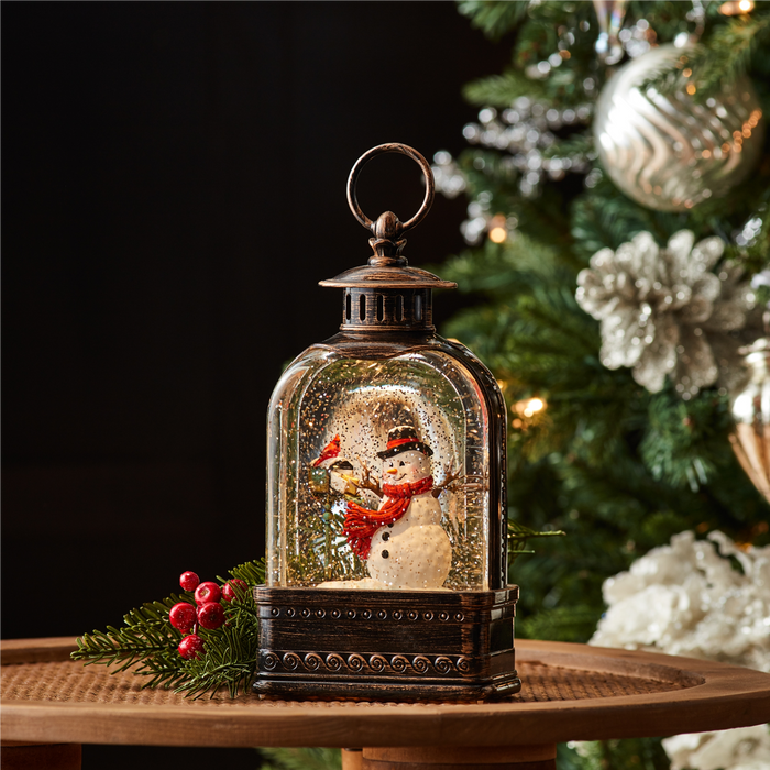 LED Snow Globe with Snowman and Cardinals 9.75"H