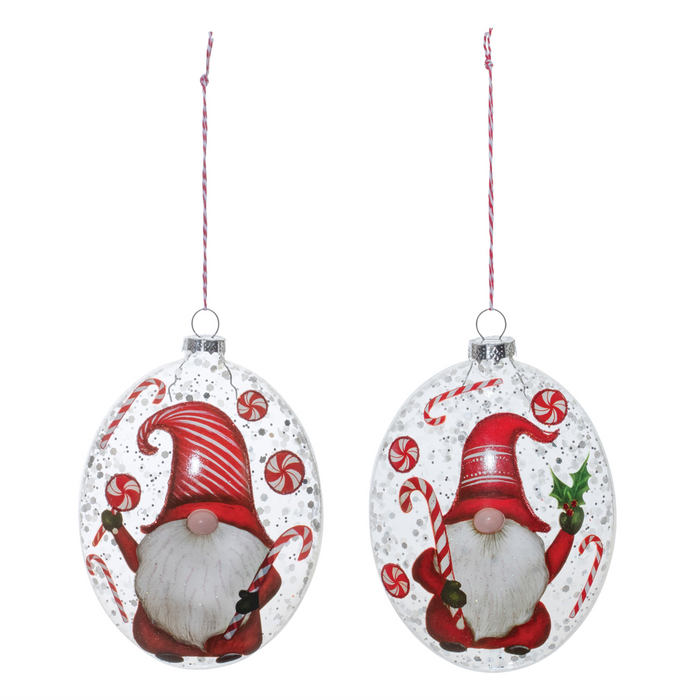 Glass Peppermint Gnome Disc Ornament (Set of 12)