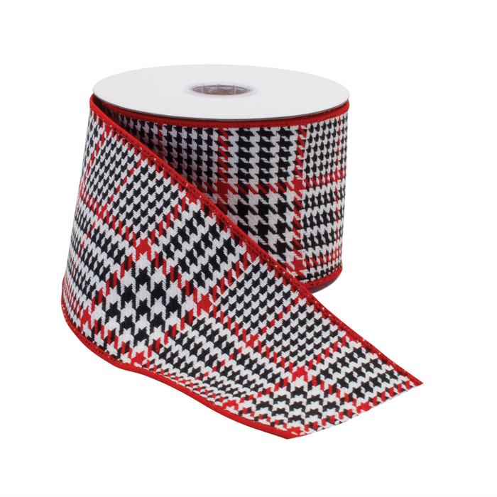 Red and Black Houndstooth Plaid Wired Ribbon 4" x 10yds