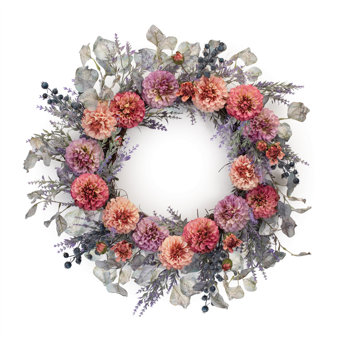 Mixed Zinnia Wreath 24”D Polyester/Twig