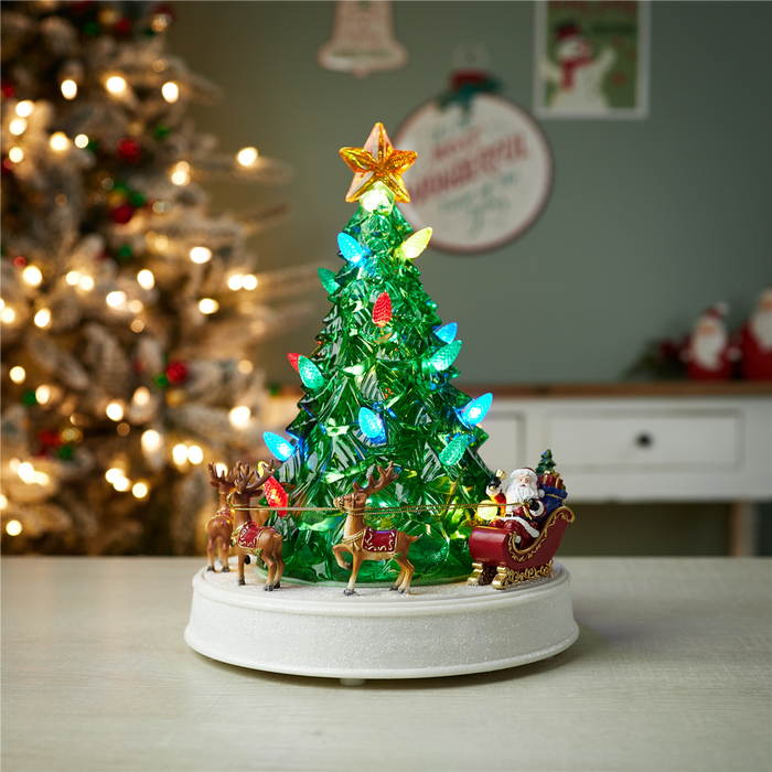 LED Rotating Musical Santa's Sleigh Christmas Tree 11"H