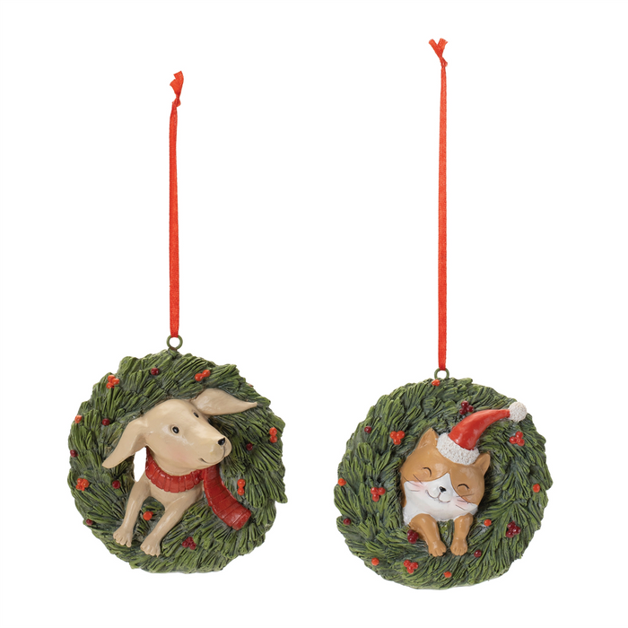 Playful Cat and Dog in Pine Wreath Ornament (Set of 4)