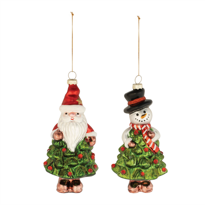 Santa and Snowman Tree Ornament (Set of 12) 5.5"H, 6"H Glass