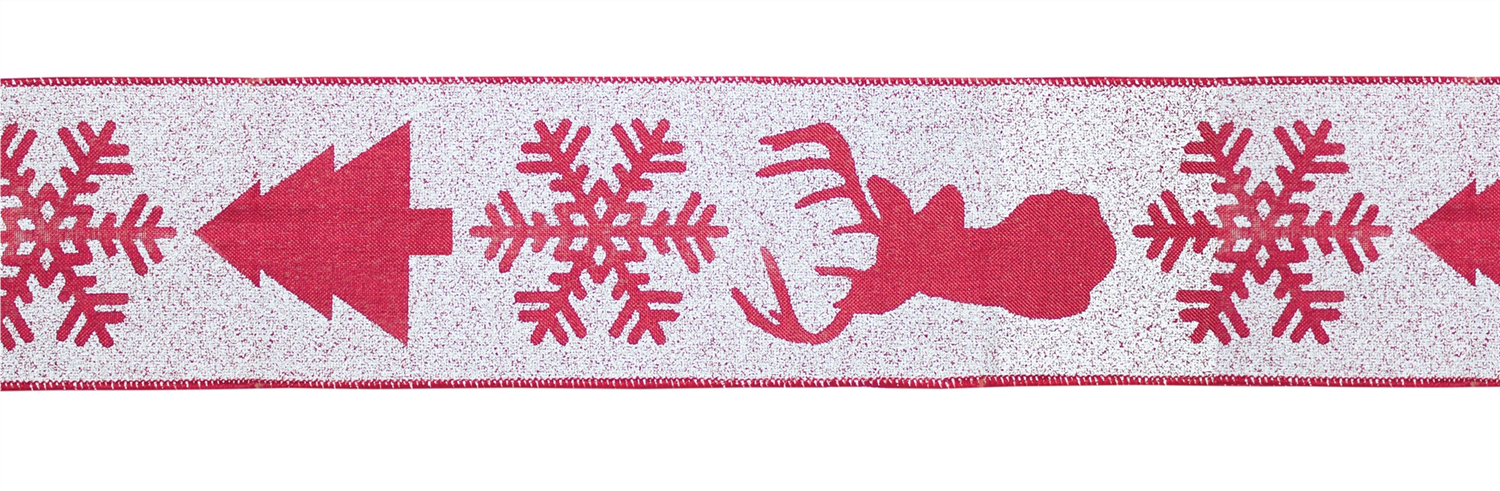 Red and White Deer and Tree Wired Ribbon (Set of 2)
