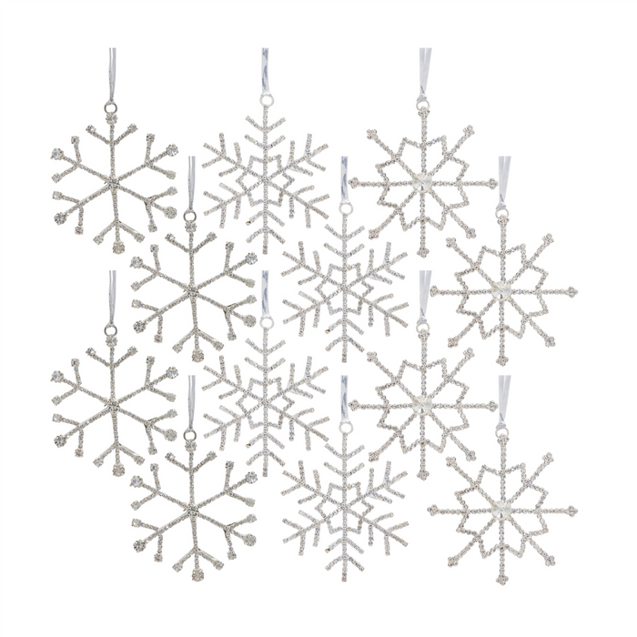 Jeweled Metal Snowflake with Ribbon Hanger (Set of 12)