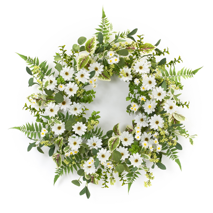 Mixed Foliage and Daisy Wreath 22.5”D Polyester/Plastic