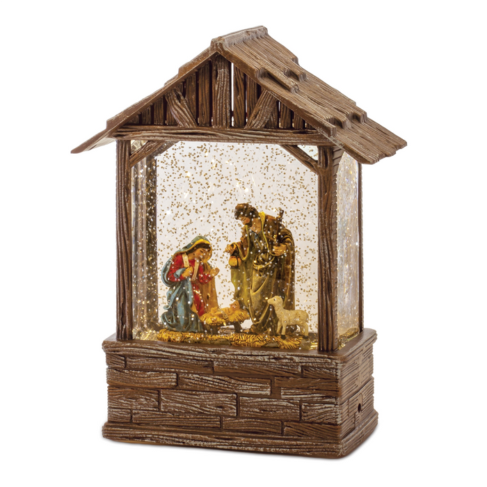 LED Snow Globe Nativity Barn 8.25"H
