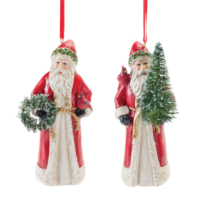 Santa w/Cardinal Ornament (Set of 6) 4.5”H Resin