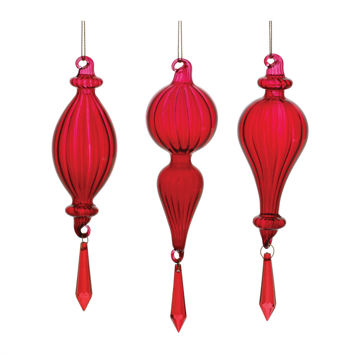 Red Ribbed Glass Drop Ornament with Jewel (Set of 3)
