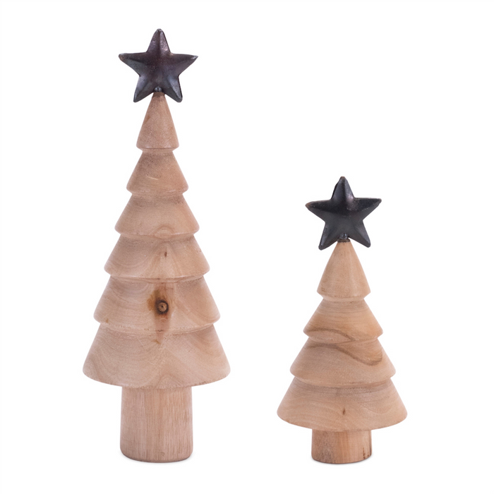 Natural Wood Tree with Metal Star (Set of 2)