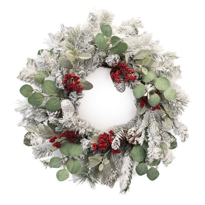 Flocked Pine Eucalyptus Berry Wreath 28"D