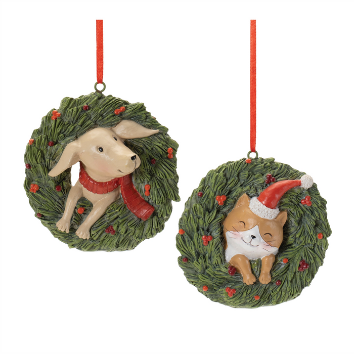 Playful Cat and Dog in Pine Wreath Ornament (Set of 4)