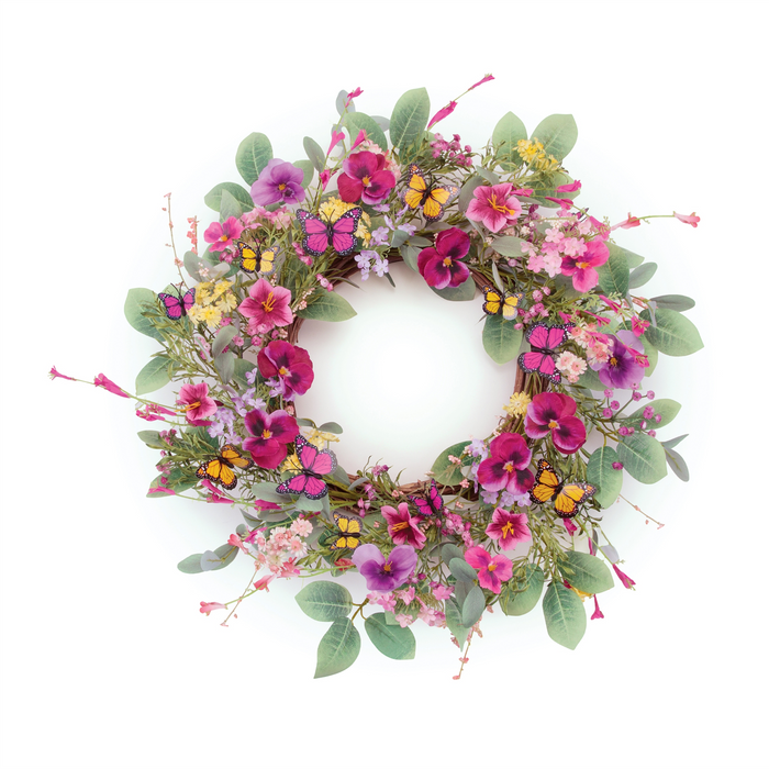 Mixed Pansy Wreath w/Butterflies 22”D Polyester