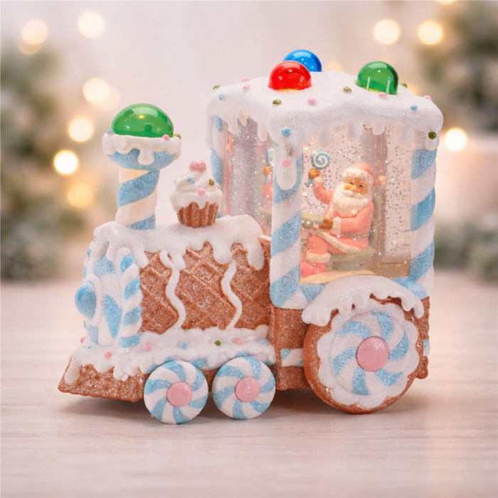LED Snow Globe Gingerbread Train w/Santa 7”H Plastic 6 Hr Timer 3 AA Batteries Not Included/USB Cord