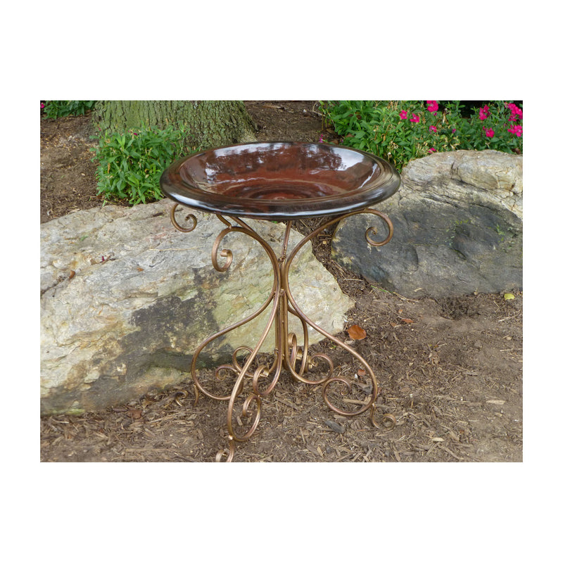 28" Antique Brown Fiber Clay Birdbath on Antique Bronze Metal Base