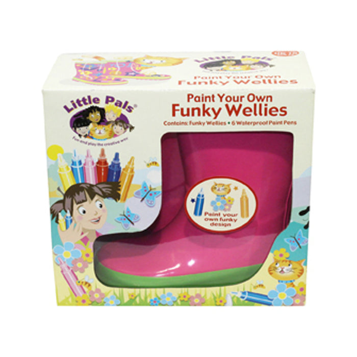 Little Pals Paint Your Own Wellies Rain Boots Pink with Green Trim Kids US Size 9.5