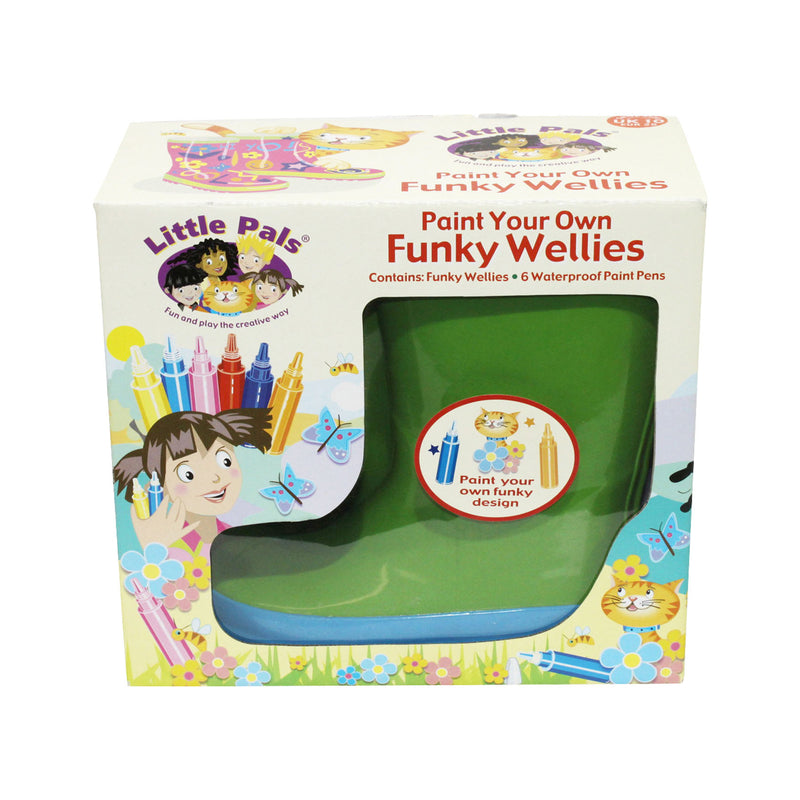 Little Pals Paint Your Own Wellies Rain Boots Green with Blue Trim Kids US Size 11.5
