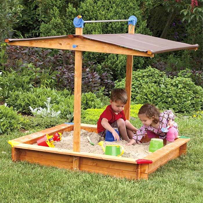 Wooden Children's Sandbox with Retractable Roof 4.66 ft. W x 4.66 ft. L x 4.33 ft. H