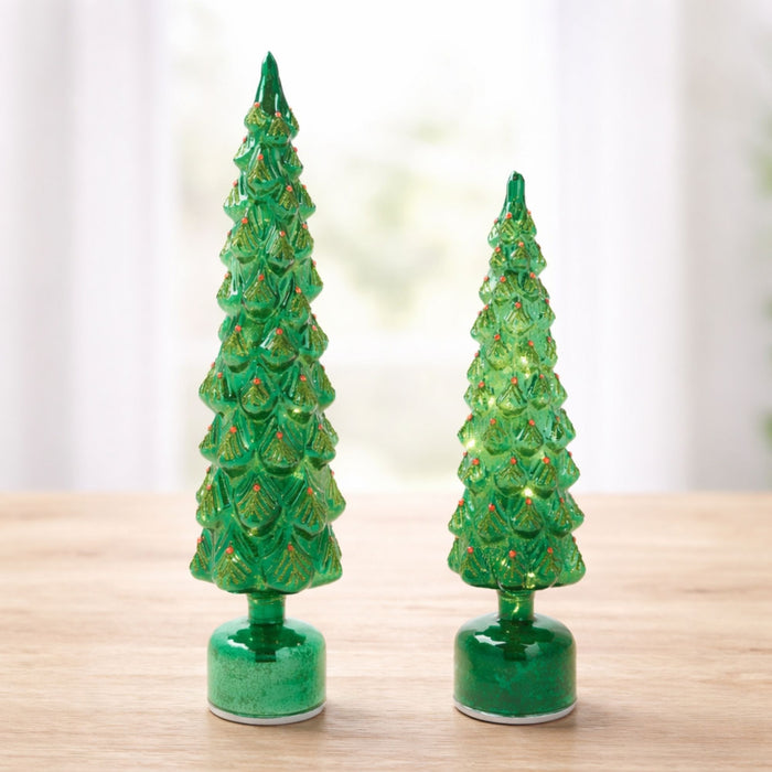 Rotating LED Tree (Set of 2) 16"H, 19"H Glass 6 Hr Timer 3 AA Batteries Not Included