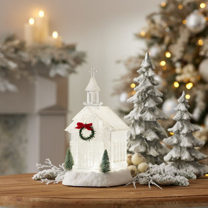 LED Church Snow Globe with Pine Accents 10.5"H