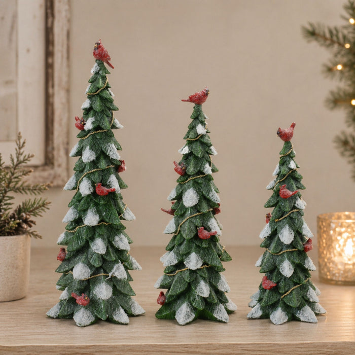 Frosted Cardinal Pine Tree (Set of 3)