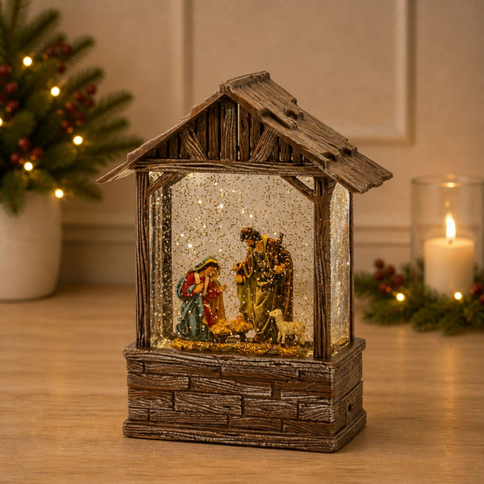 LED Snow Globe Nativity Barn 8.25"H
