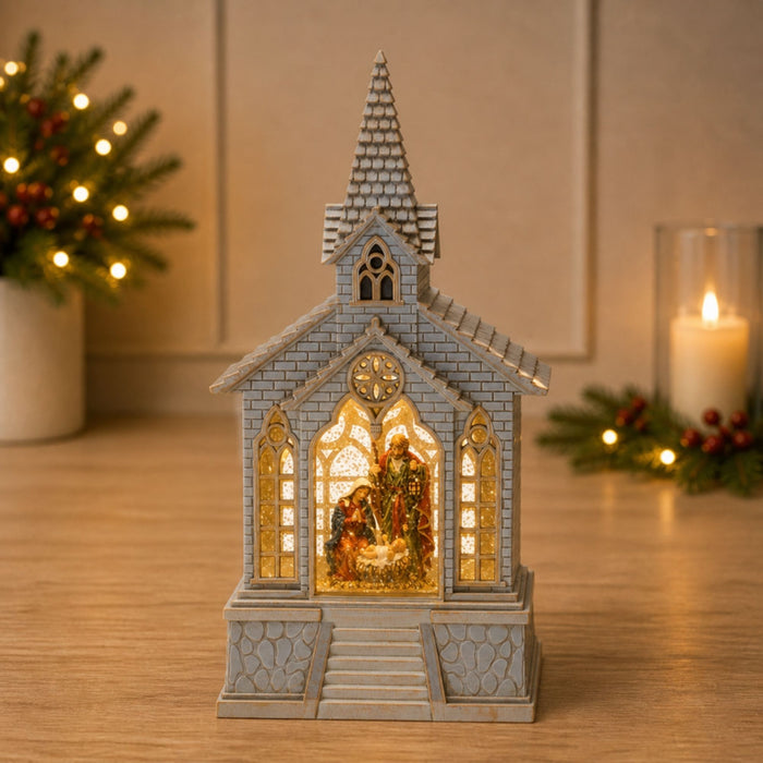 LED Snow Globe Church with Nativity 8.25"H