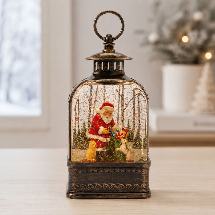 LED Snow Globe Lantern with Santa and Dog 11.25"H