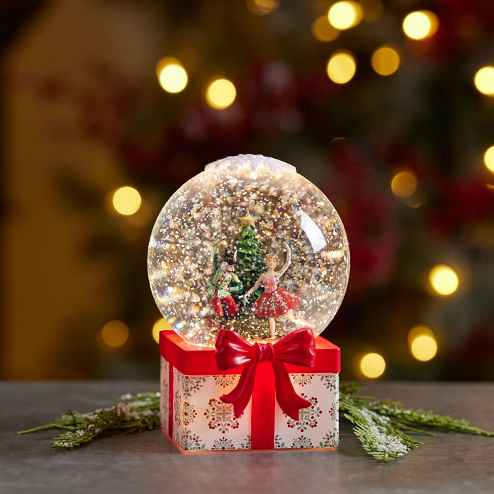 LED Snow Globe w/Ballerina & Soldier 6.5”H Plastic 3 AA Batteries Not Included