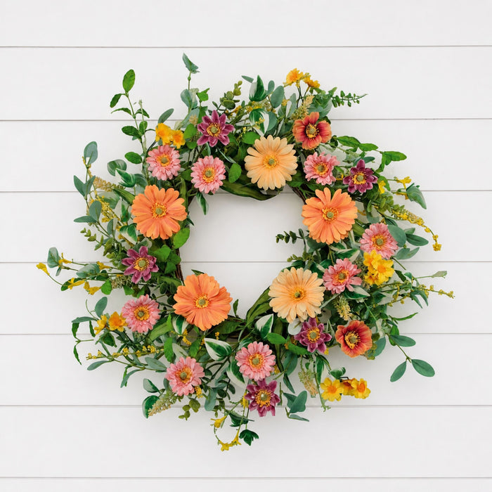 Mixed Gerbera Daisy Wreath 24”D Polyester