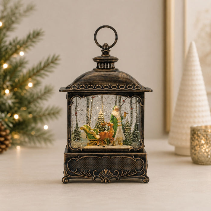 LED Snow Globe Lantern with Santa and Woodland Animals 10.5"H