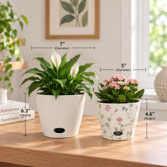 Self-Watering Plant Pot Set of 2 5" Wildflower & 7" Cream