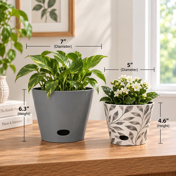 Self-Watering Plant Pot Set of 2 5" Gray Leaves & 7" Gray Solid