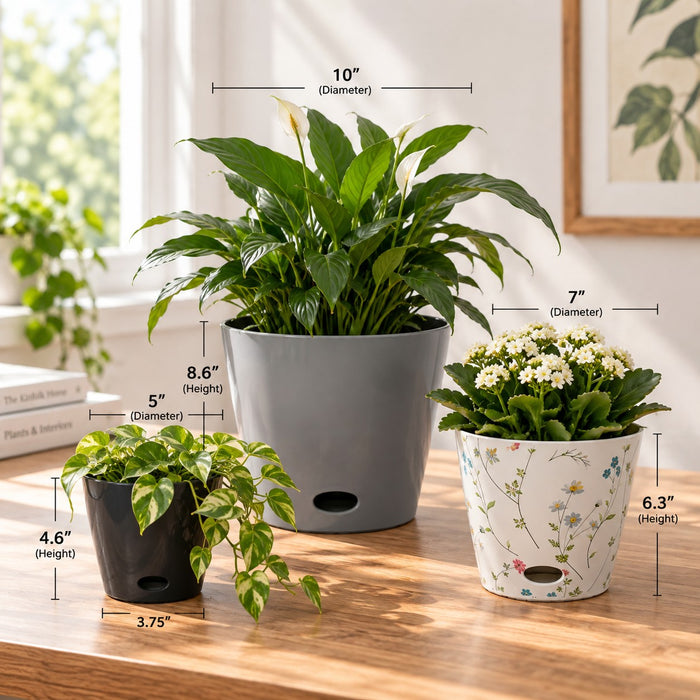 Self-Watering Plant Pot Set of 3 5" Black 7" Wildflower 10" Gray