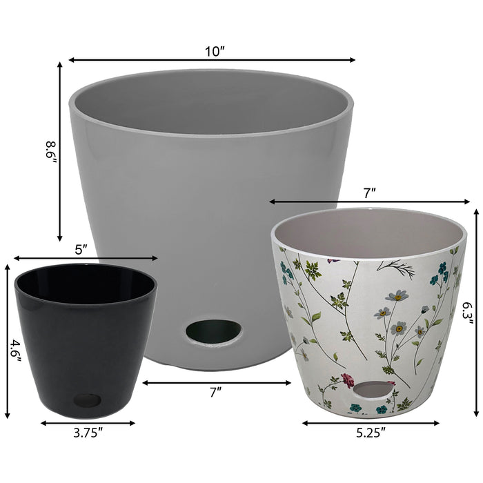 Self-Watering Plant Pot Set of 3 5" Black 7" Wildflower 10" Gray