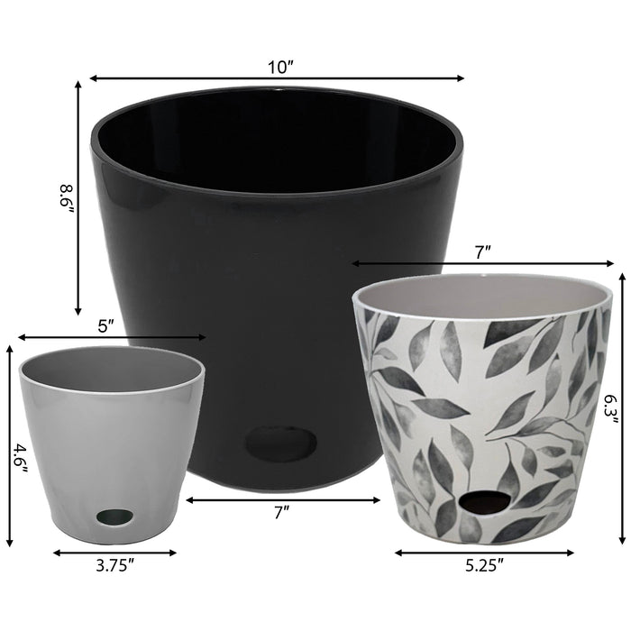 Self-Watering Plant Pot Set of 3 5" Gray 7" Gray Leaves 10" Black