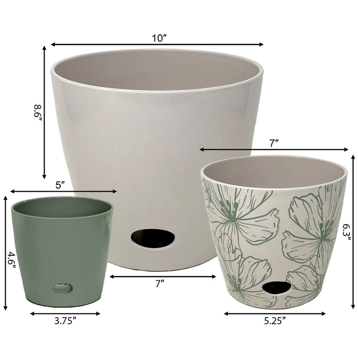 Self-Watering Plant Pot Set of 3 5" Sage Green 7" Green Flower 10" Cream