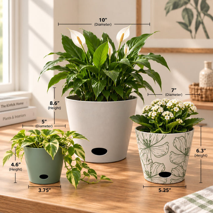 Self-Watering Plant Pot Set of 3 5" Sage Green 7" Green Flower 10" Cream