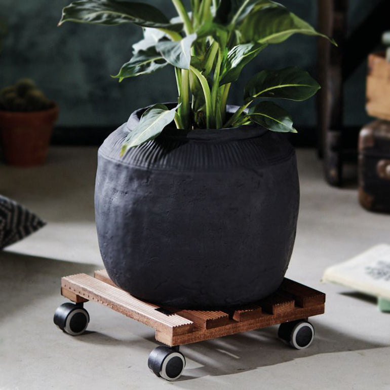 11" Medium Wash Square Ribbed Wooden Plant Caddy