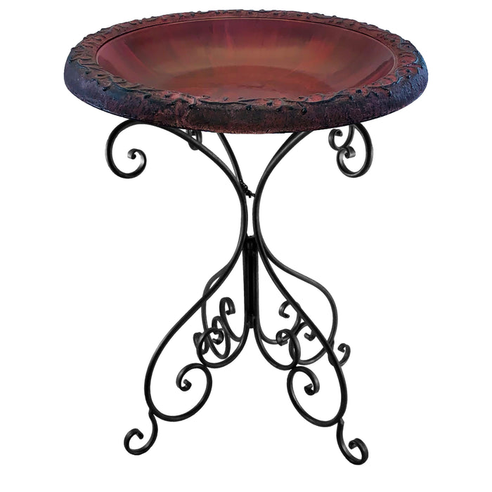 28" Red/Charcoal Fiber Clay Birdbath on Black Metal Base